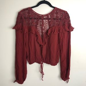 FREE PEOPLE Maroon Lace Open Back Long Sleeve Top